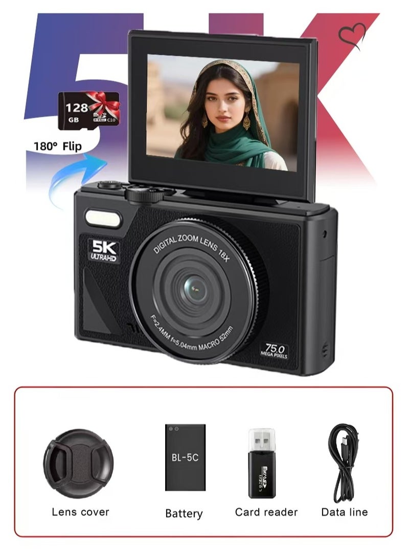 فومو كاميرا رقمية، 5 كيلو فائقة الدقة مع بطاقة 128 جيجابايت TF اشتمال على شرائح عالية الدقة 75 ميجابايت للتصوير الفوتوغرافي والتسجيل الإيقاعي 3 بوصة و 180 درجة شاشة قلب و 18X نقطة التكبير والتصوير وكاميرا تصوير للأطفال والمراهقين والشباب - Image 1